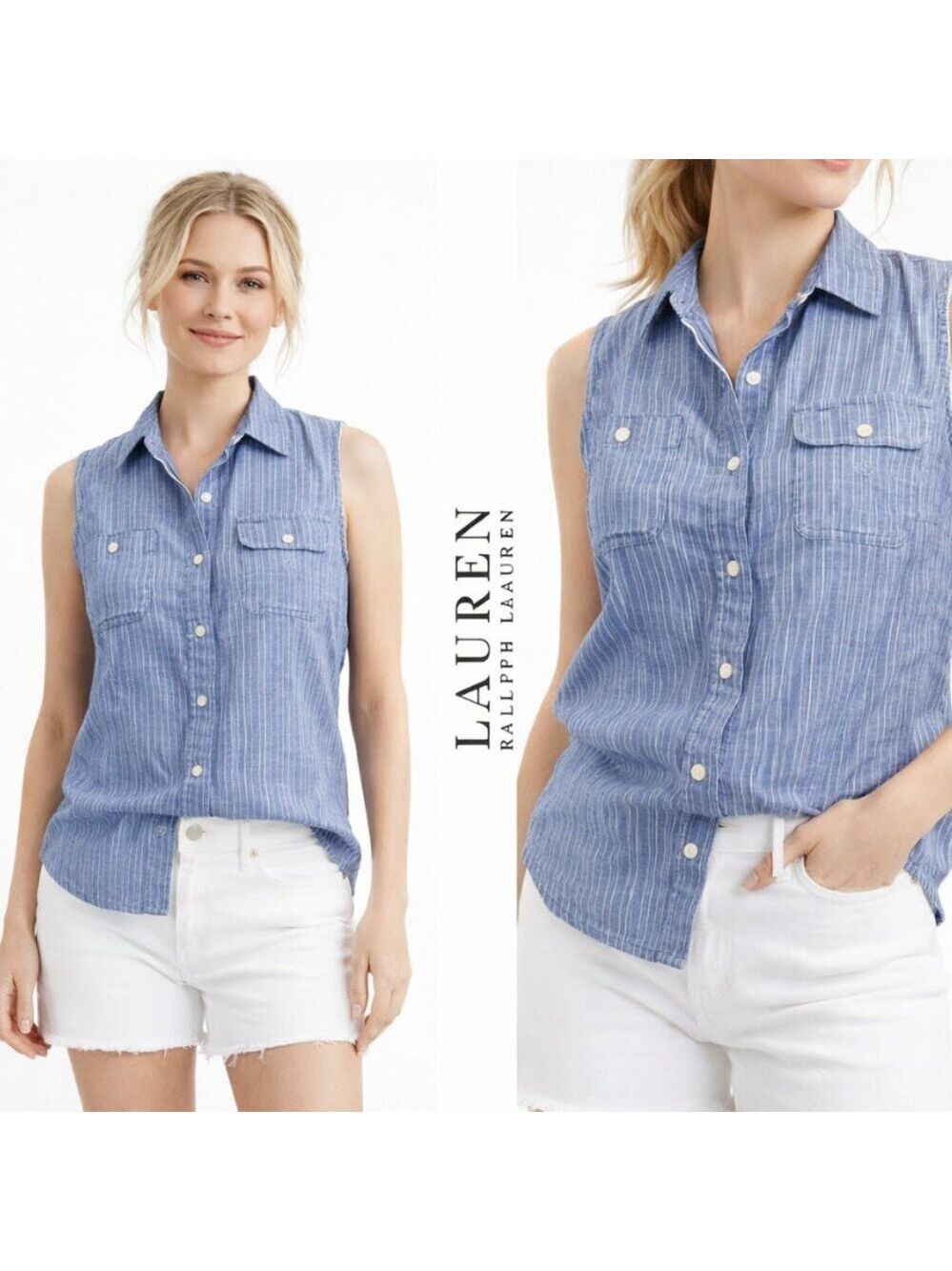 Lauren Ralph Lauren Linen Blue Striped Sleeveless Button Down Size Small